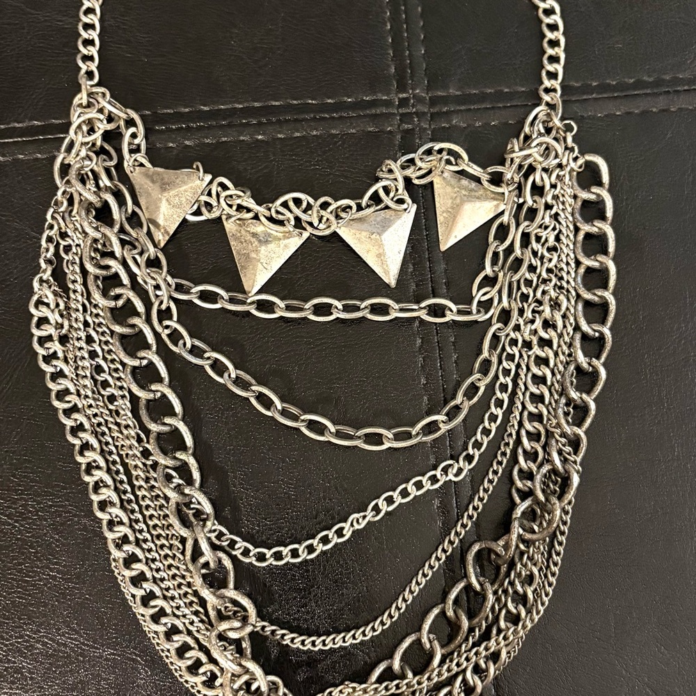 Silver Multi-Layer Chain Necklace with Pyramid Accents - Women Jewelry